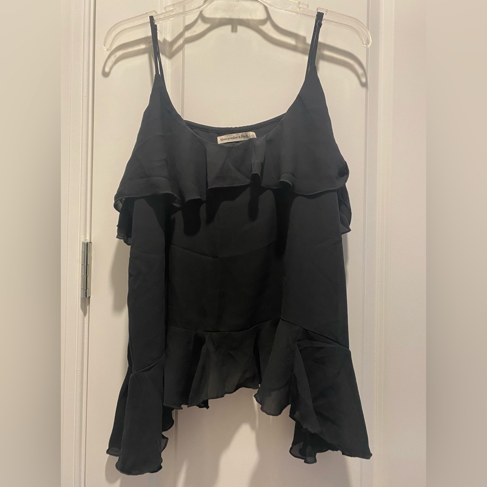 NWT Abercrombie & Fitch SZ L Black Flowy Ruffle Top Boho Tank Adjustable Straps